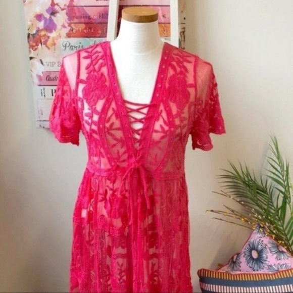 Bohemian Eyelet Sheer Cover Up Lace Maxi Dress Women's Size Large - Picture 4 of 7